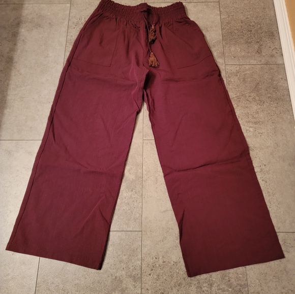 Women's Cotton Linen Pants Loose Elastic Waist Beach Trousers Size Large Red - Picture 3 of 3